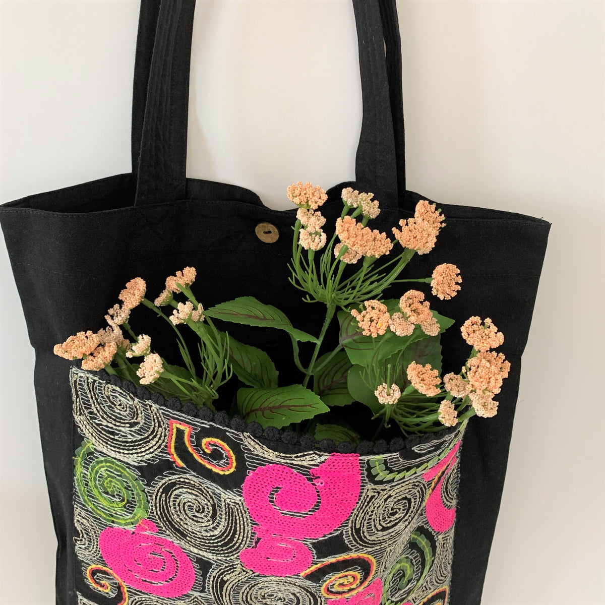 Buy Black Tote Bag With Hand Embroidered Flowers, Black Tote Bag