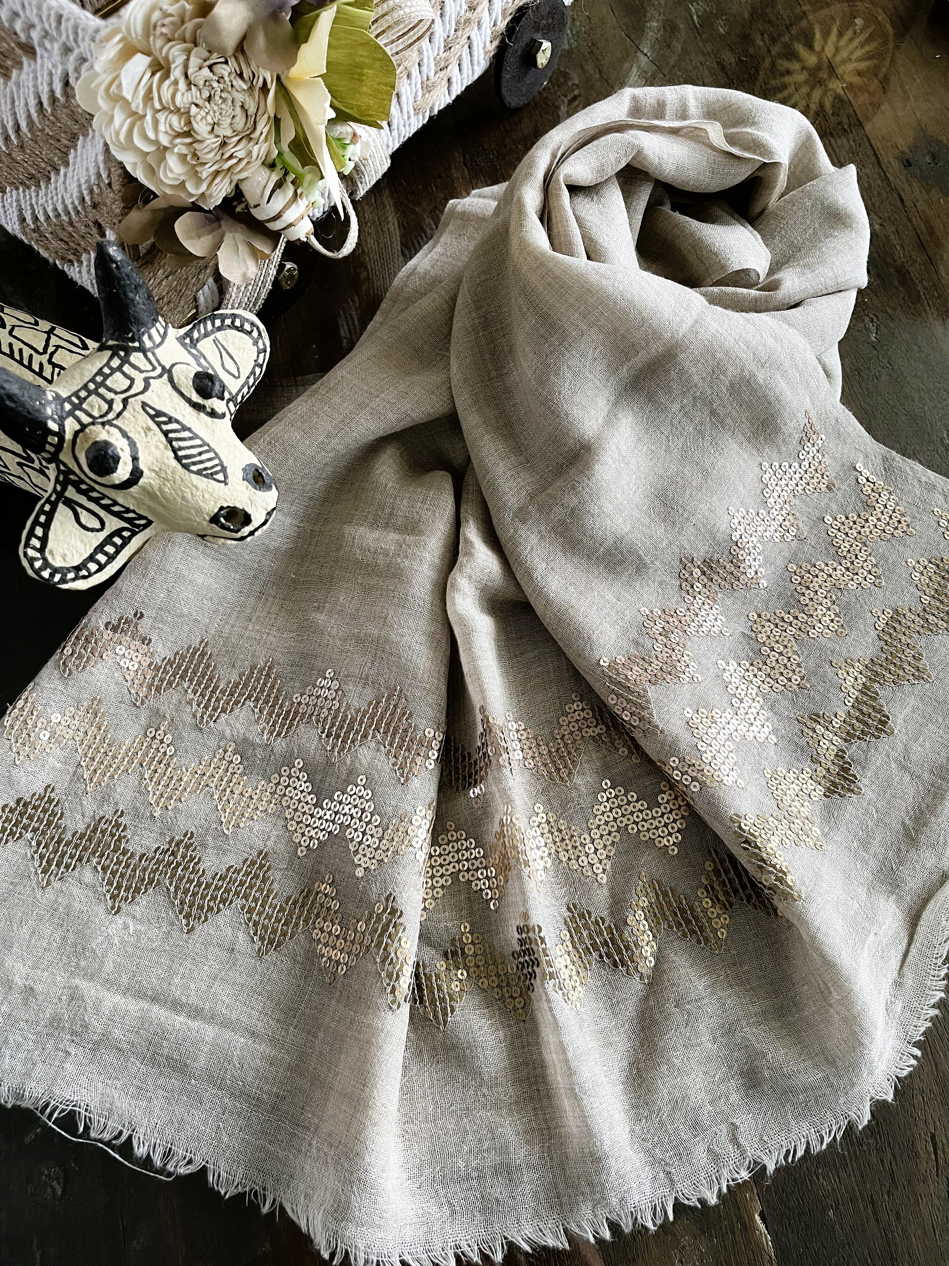 Fine Wool Blend Scarves Beige Sequin