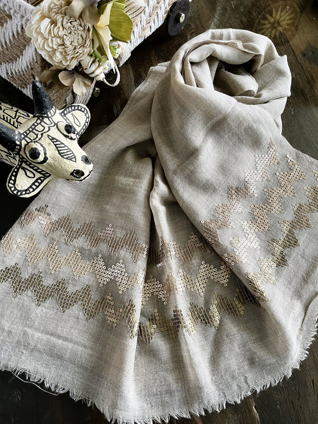 Fine Wool Blend Scarves Beige Sequin